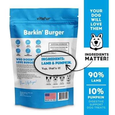 Show full view: Vitafur Barkin' Burger Lamb & Pumpkin Grain-Free Dehydrated Dog Treats, 4-oz bag slide 3 of 6