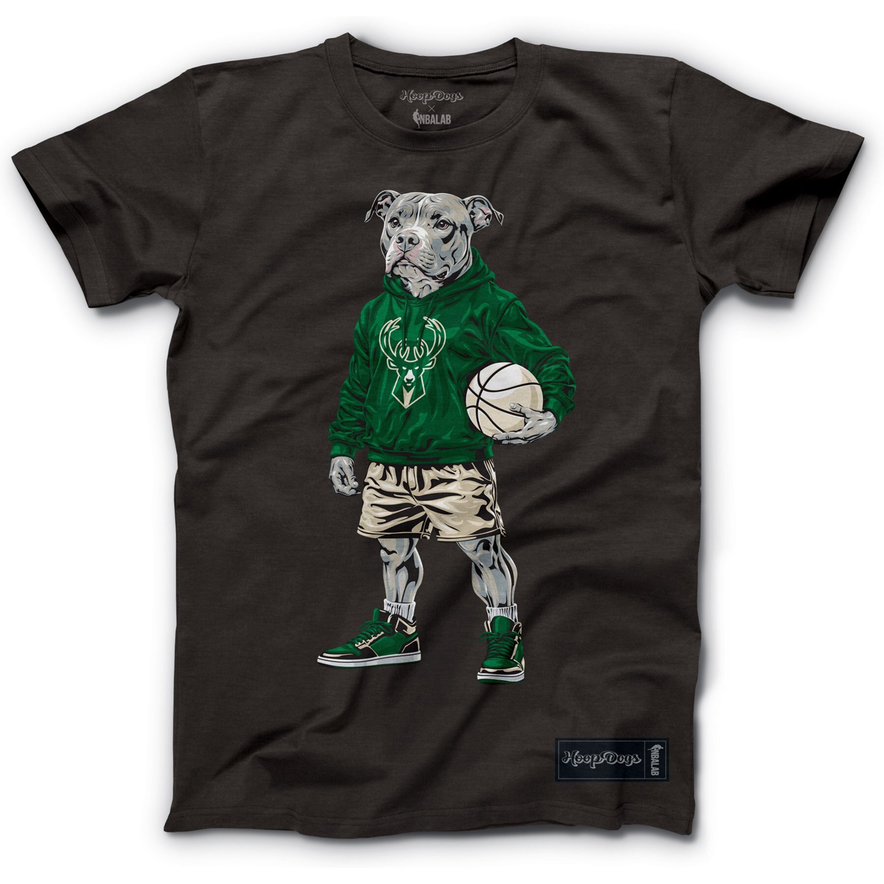 Hoop Dogs NBA Pit Bull T-Shirt, Milwaukee Bucks, Large