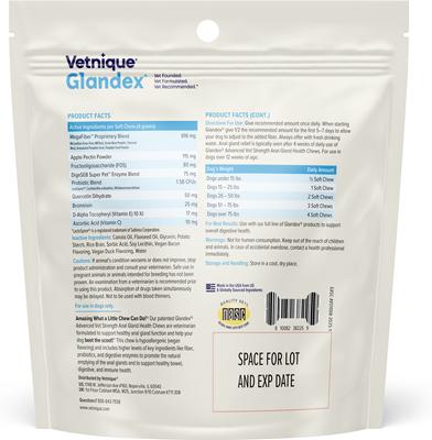 Show full view: Vetnique Labs Glandex Advanced Vet Strength Duck & Bacon Flavor Anal Gland Health Chew Supplement for Dogs, 10 count slide 3 of 10