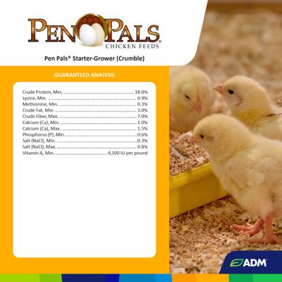 Show full view: ADM Pen Pals Starter-Grower 18% Protein Crumble Chicken Feed, 25-lb bag slide 4 of 7