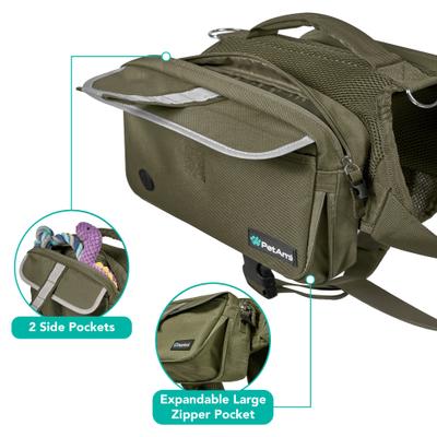 Show full view: PetAmi Saddle Dog & Cat Backpack with Reflective Safety Side Pockets, Large, Olive Canvas slide 5 of 8