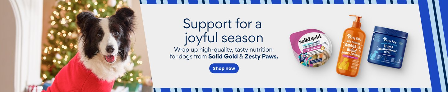 Support for a joyful season Wrap up high-quality, tasty nutrition for dogs from Solid Gold & Zesty Paws. Shop now.
