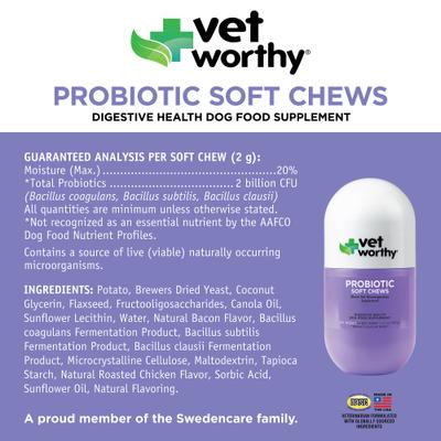 Show full view: Vet Worthy Probiotic Soft Chew Digestive Health Support Supplement for Dogs, 60 count slide 3 of 4