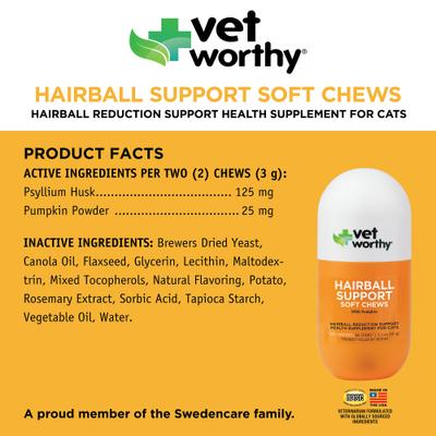 Show full view: Vet Worthy Feline Hairball Support with Pumpkin Soft Chew Skin & Coat Supplement for Cats, 60 count slide 3 of 4