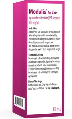 Show full view: Modulis for Cats (cyclosporine oral solution) USP MODIFIED, 100mg/mL, 15mL slide 2 of 5