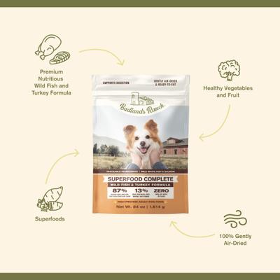 Show full view: Badlands Ranch Superfood Complete Grain-Free Wild Fish & Turkey Air-Dried Dog Food, 128-oz bundle slide 4 of 8