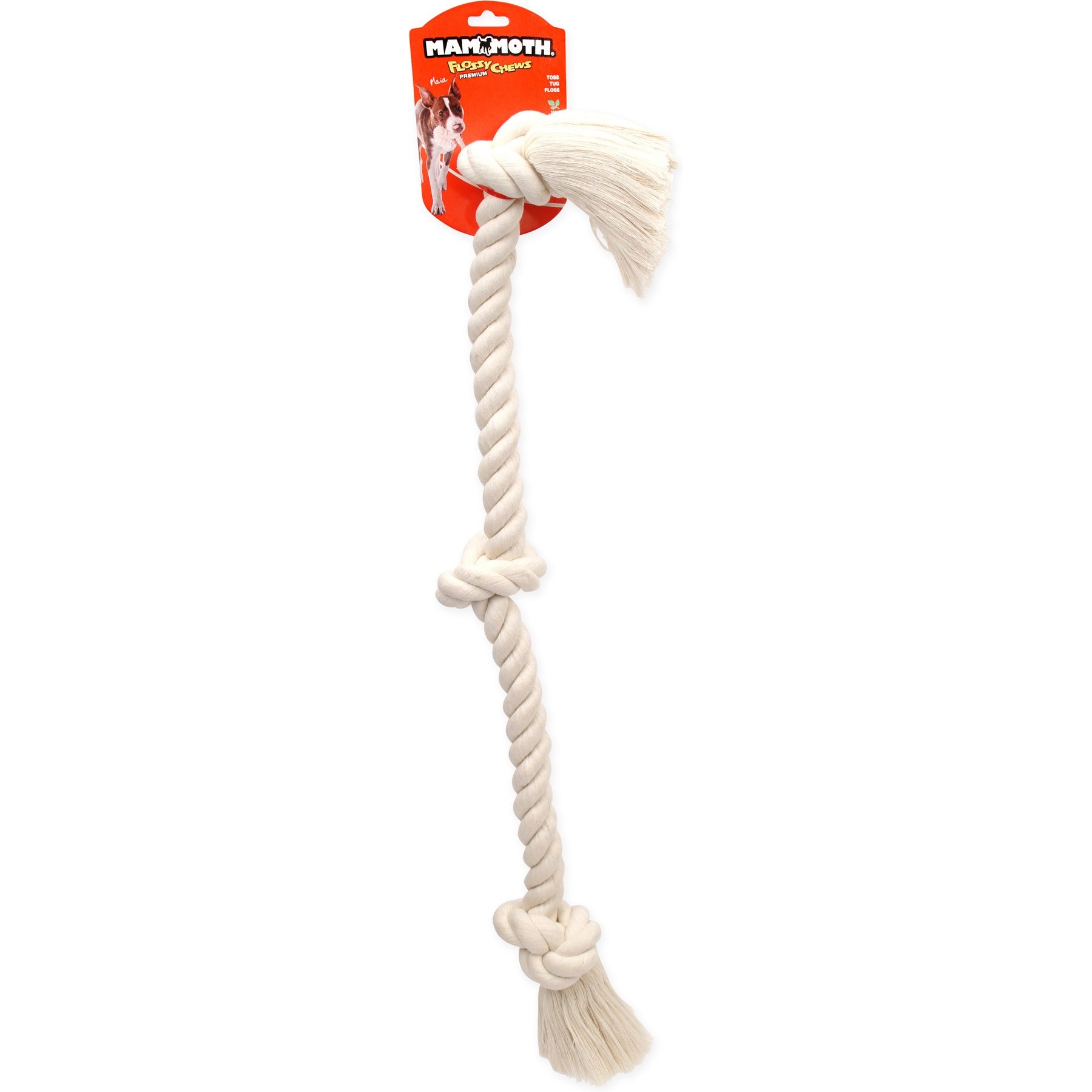 Mammoth Flossy Chews 3 Knot Tough Rope Tug Dog Toy, White, 36-in