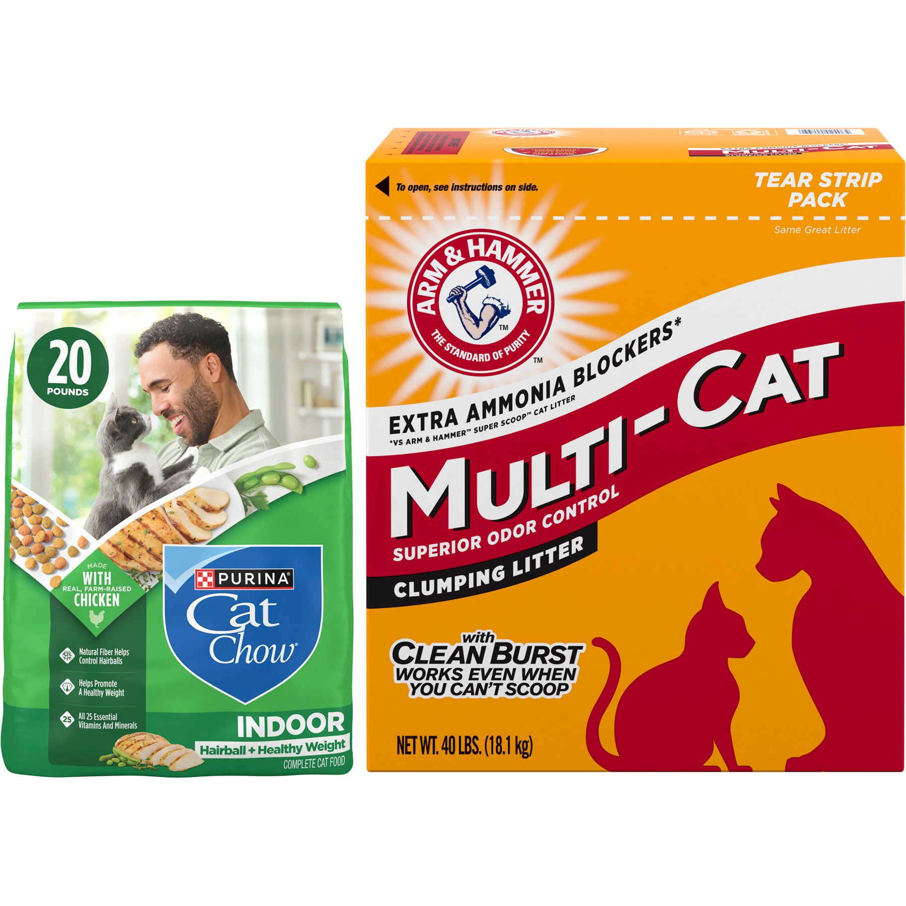 Arm & Hammer Litter Multi-Cat Strength Clean Burst Clumping Litter + Cat Chow Indoor Hairball & Healthy Weight Dry Cat Food, 20-lb bag