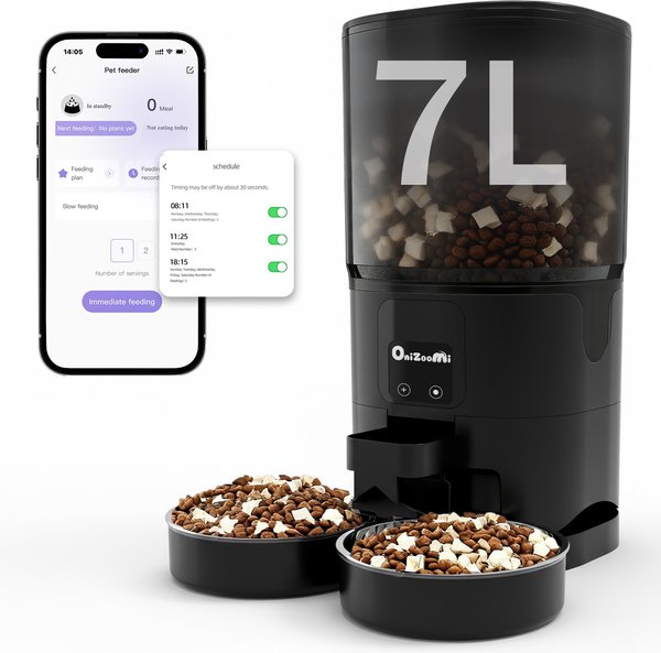 Show full view: ONIZOOMI Smart 2.4G WiFi Automatic Dual Bowl Cat & Dog Feeder, Black, 30-Cup slide 1 of 10