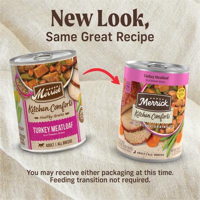 Show full view: Merrick Kitchen Comforts Healthy Grains Turkey Meatloaf with Brown Rice Wet Dog Food, 12.7-oz can, case of 12 slide 4 of 13