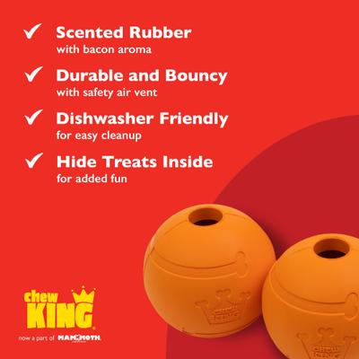 Show full view: Chew King by Mammoth Bacon Flavor Rubber Ball Tough Dog Chew Toy, Orange, 2 count, 3-in slide 4 of 7