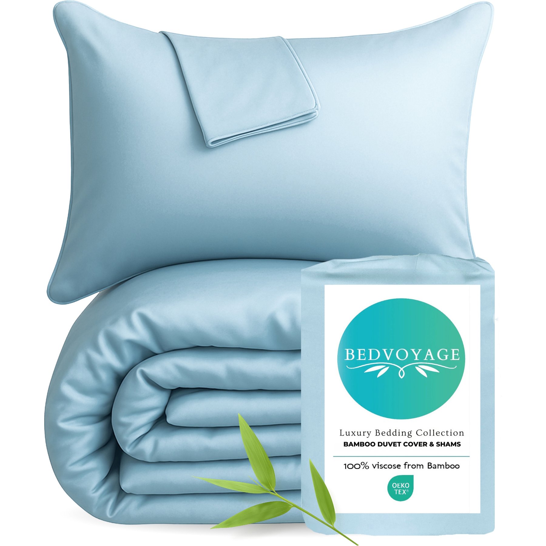BedVoyage 100% Viscose from Bamboo Cooling & Lightweight Duvet Cover 3 Piece Set, Sky, Queen