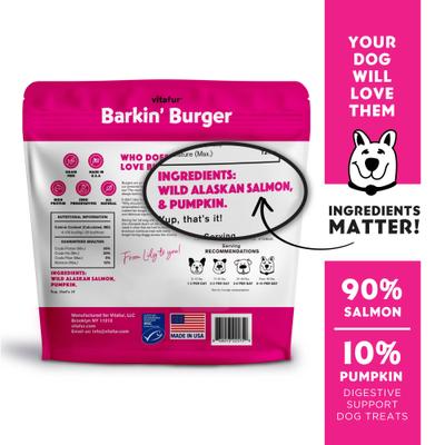 Show full view: Vitafur Barkin Burger Salmon & Pumpkin Grain-Free Dehydrated Dog Treats, 16-oz bag slide 3 of 7