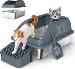 Yafylly High Sided Stainless Steel Anti-Urine Leakage Cat Litter Box with Lid, Gray, X-Large