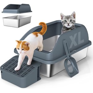 Yafylly High Sided Stainless Steel Anti-Urine Leakage Cat Litter Box with Lid, Gray, X-Large