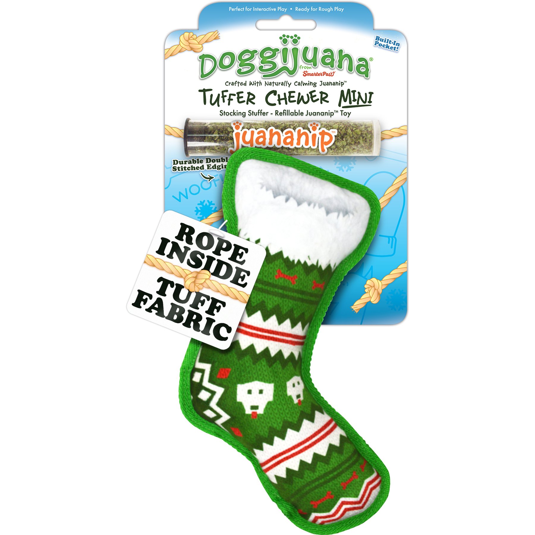 Doggijuana Christmas Tuffer Chewer Mini Stocking Stuffer Tough Chew Dog Toy, Green, Medium