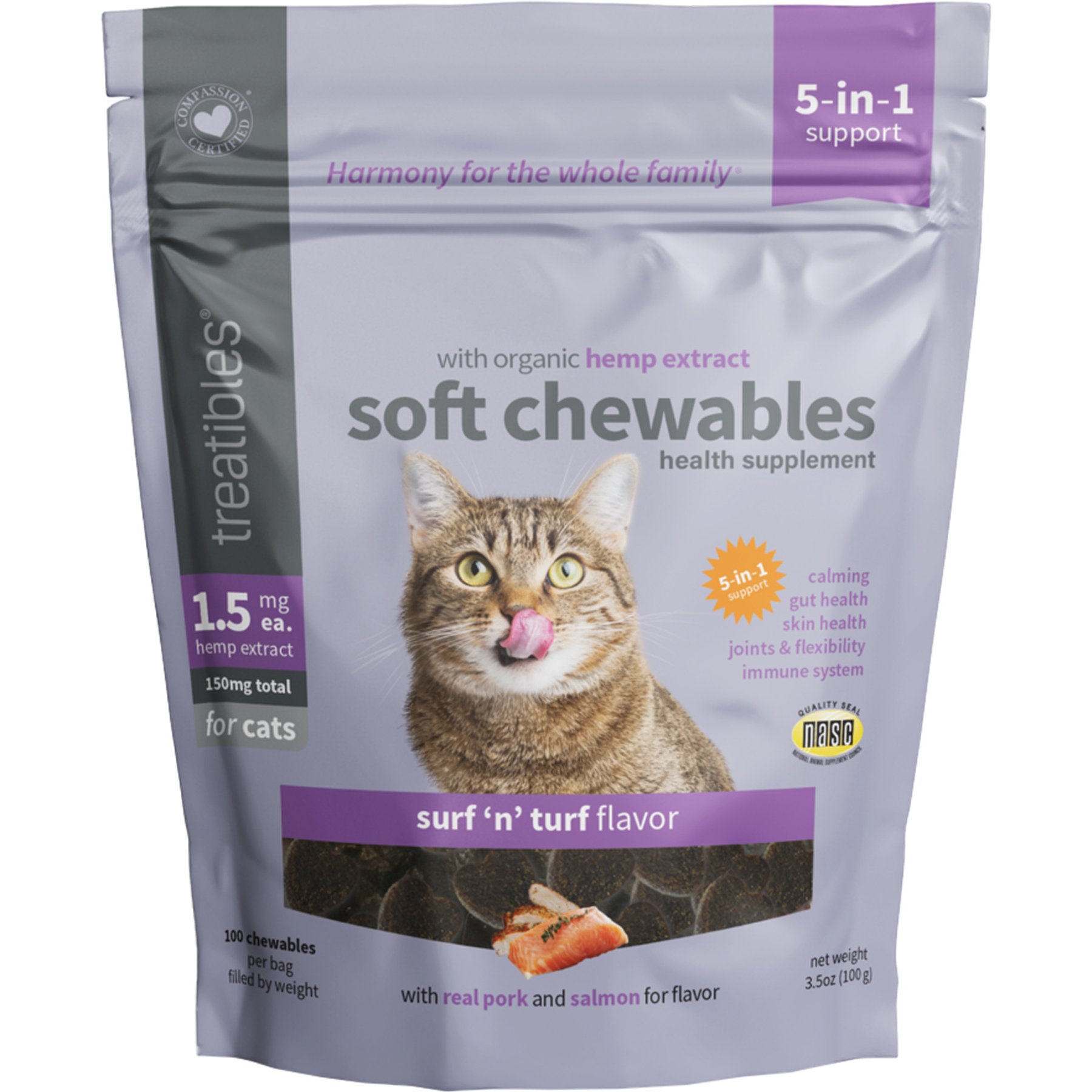 Treatibles Broad Spectrum Hemp Extract Feline Surf & Turf Flavored Soft Chewable Calming Supplement for Cats, 1.5-mg, 100 count