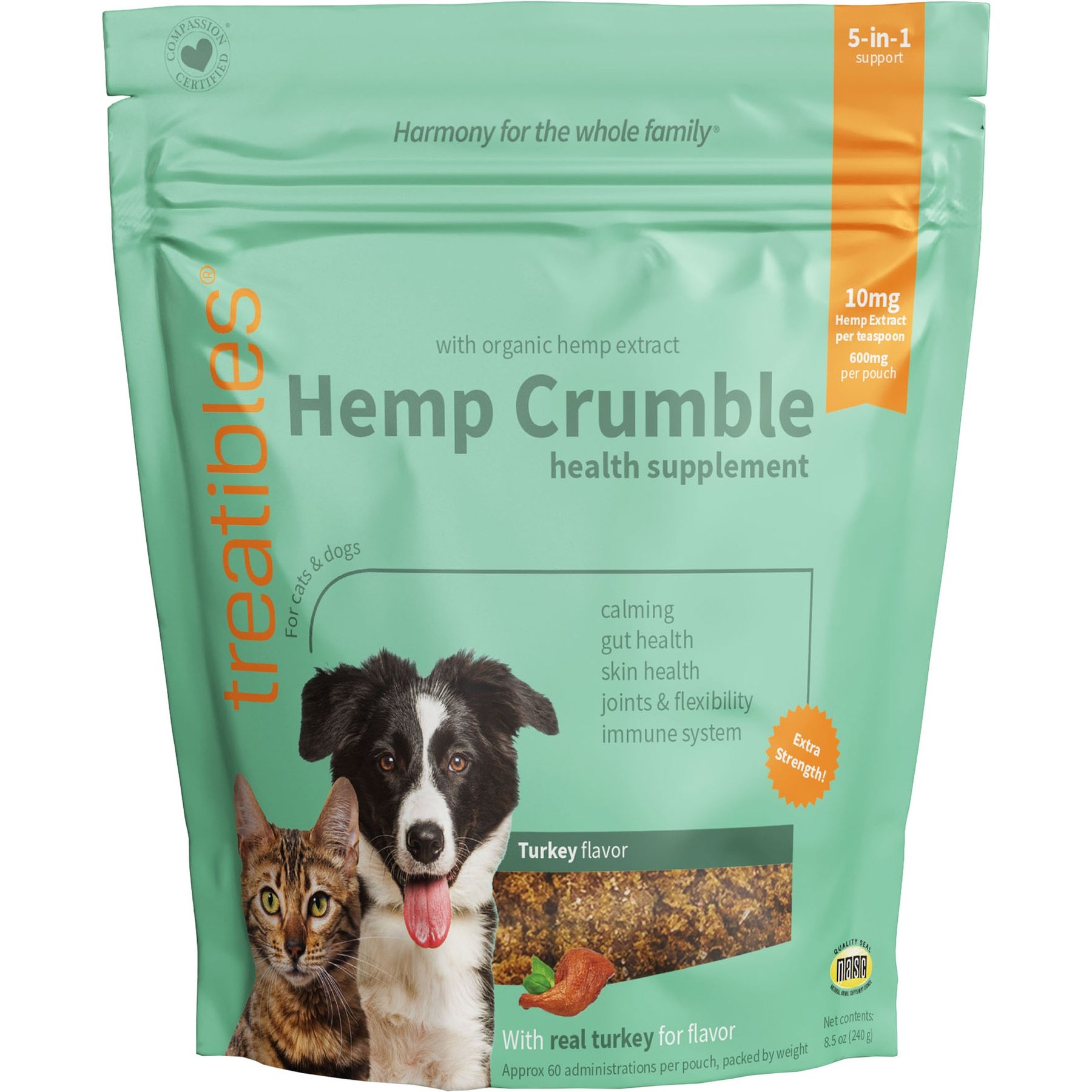 Treatibles Broad Spectrum Hemp Extract Turkey & Pumpkin Flavored Crumble Calming Supplement for Dogs & Cats, 60 servings