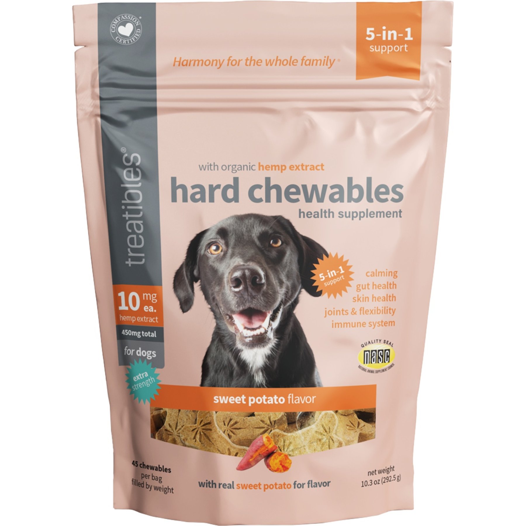 Treatibles Extra Strength Broad Spectrum Hemp Extract Canine Sweet Potato Flavored Hard Chewable Calming Supplement for Dogs, 10-mg, 45 count