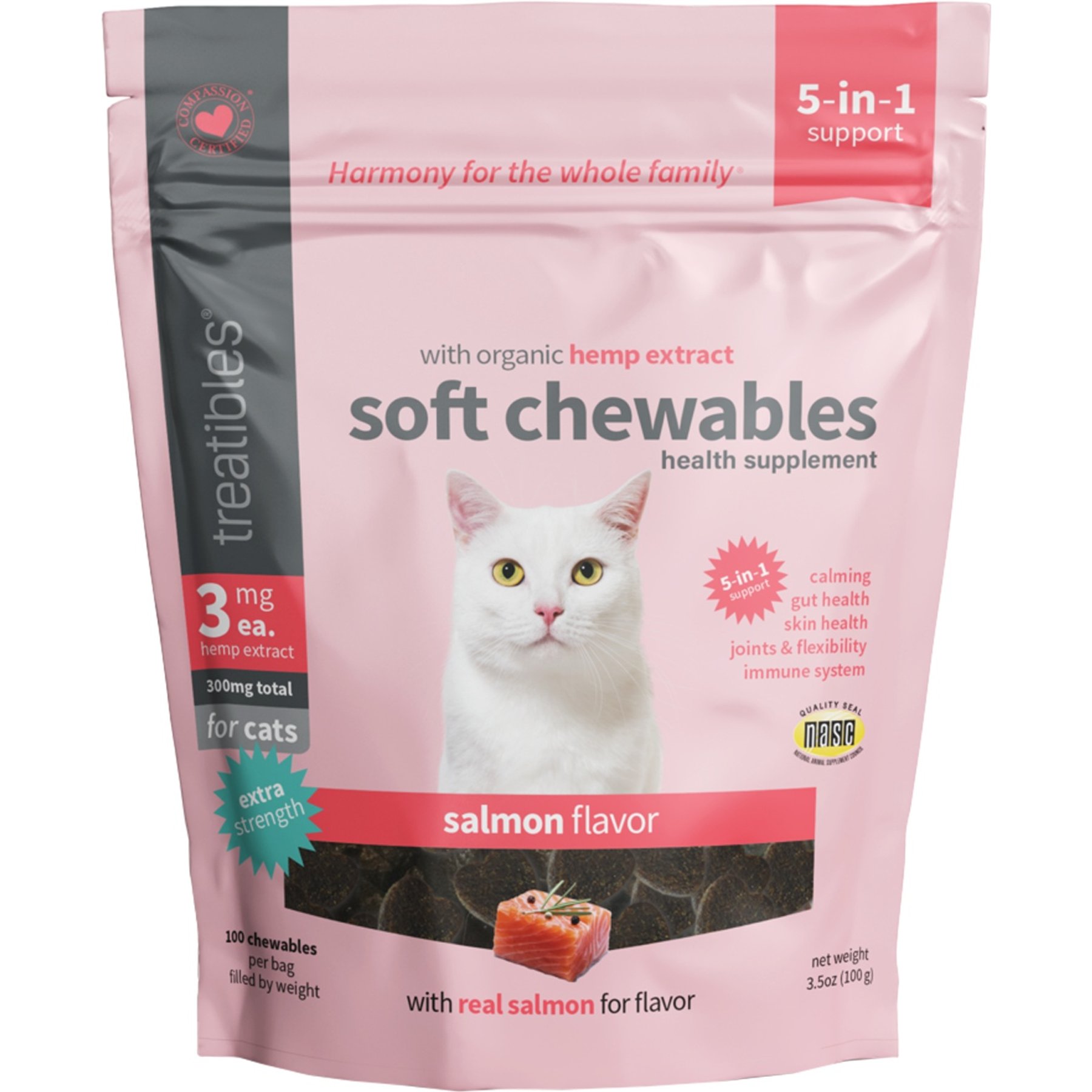 Treatibles Extra Strength Broad Spectrum Hemp Extract Feline Salmon Oil Flavored Soft Chewable Calming Supplement for Cats, 3-mg, 100 count