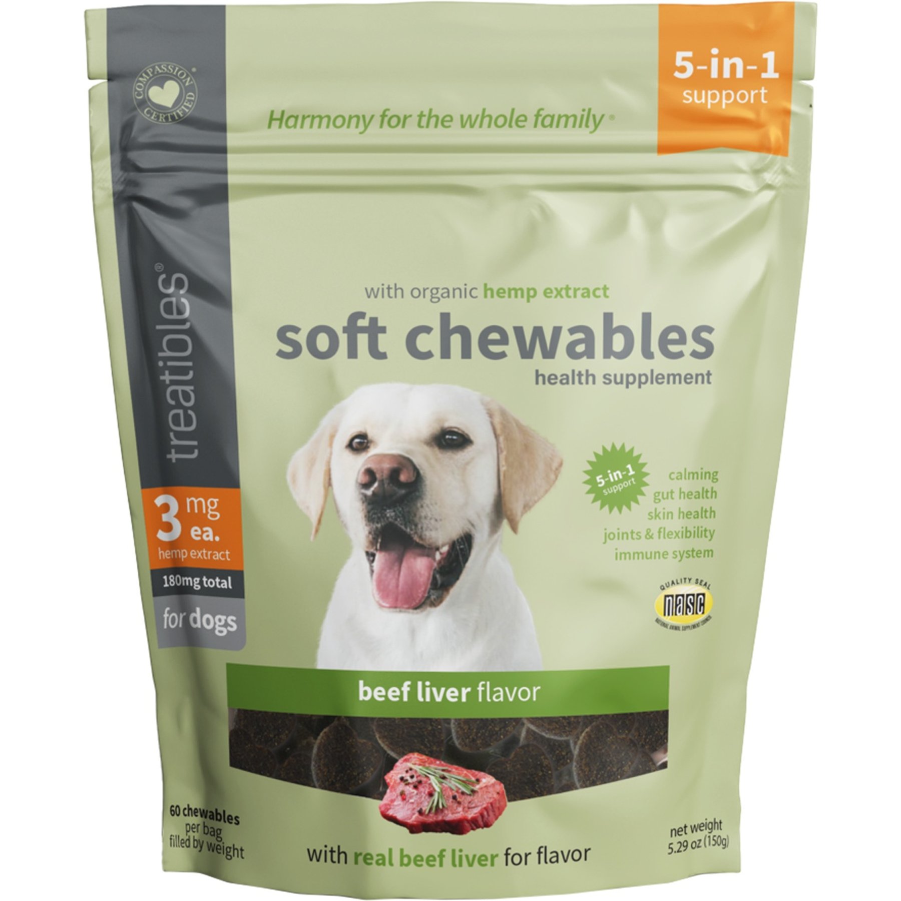 Treatibles Broad Spectrum Hemp Extract Canine Beef Liver Flavored Soft Chewable Calming Supplement for Dogs, 3-mg, 60 count