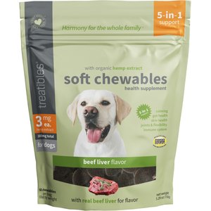 Treatibles Broad Spectrum Hemp Extract Canine Beef Liver Flavored Soft Chewable Calming Supplement for Dogs, 3-mg, 60 count