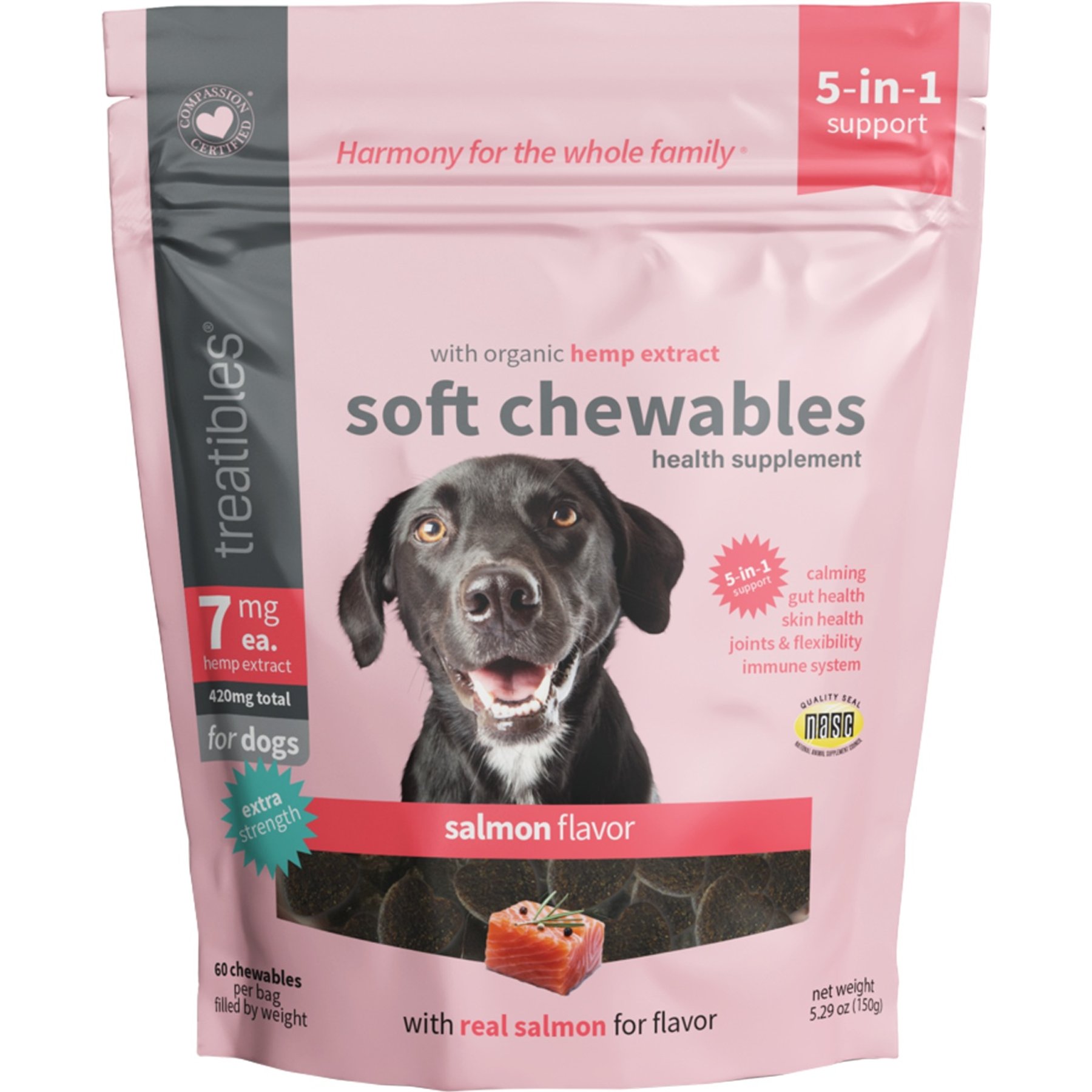 Treatibles Extra Strength Broad Spectrum Hemp Extract Canine Salmon Oil Flavored Soft Chewable Calming Supplement for Dogs, 7-mg, 60 count