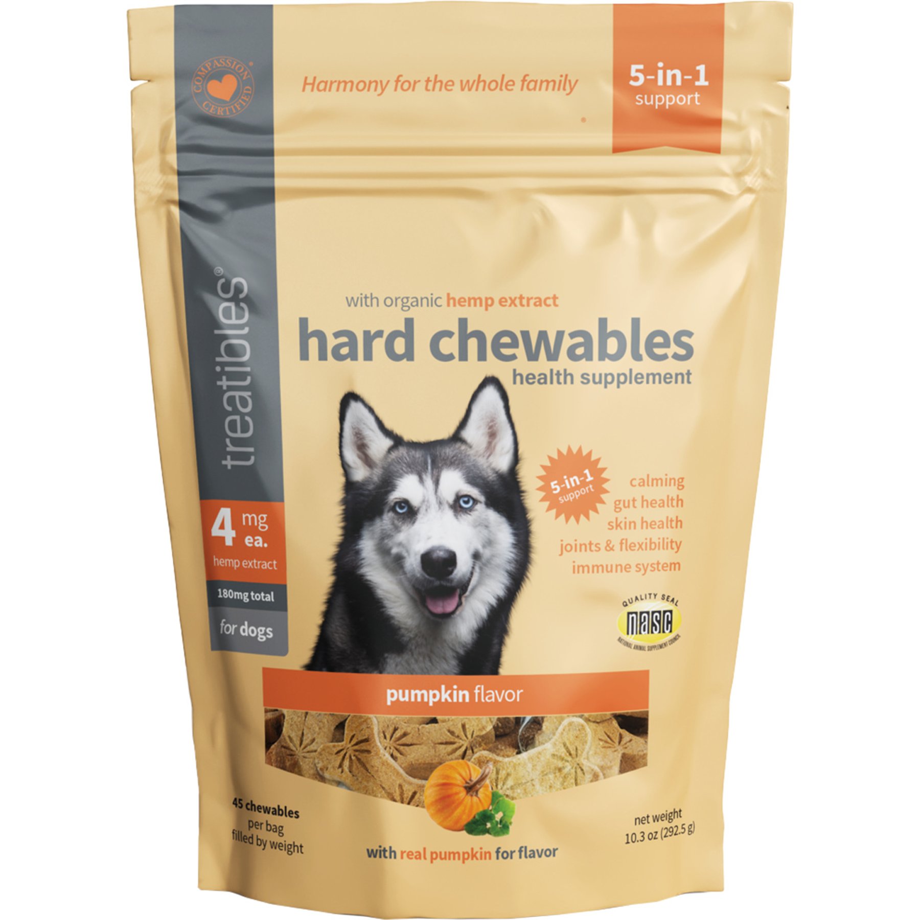 Treatibles Broad Spectrum Hemp Extract Canine Pumpkin Flavored Hard Chewable Calming Supplement for Dogs, 4-mg, 45 count