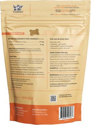Show full view: Treatibles Broad Spectrum Hemp Extract Canine Pumpkin Flavored Hard Chewable Calming Supplement for Dogs, 4-mg, 45 count slide 3 of 3