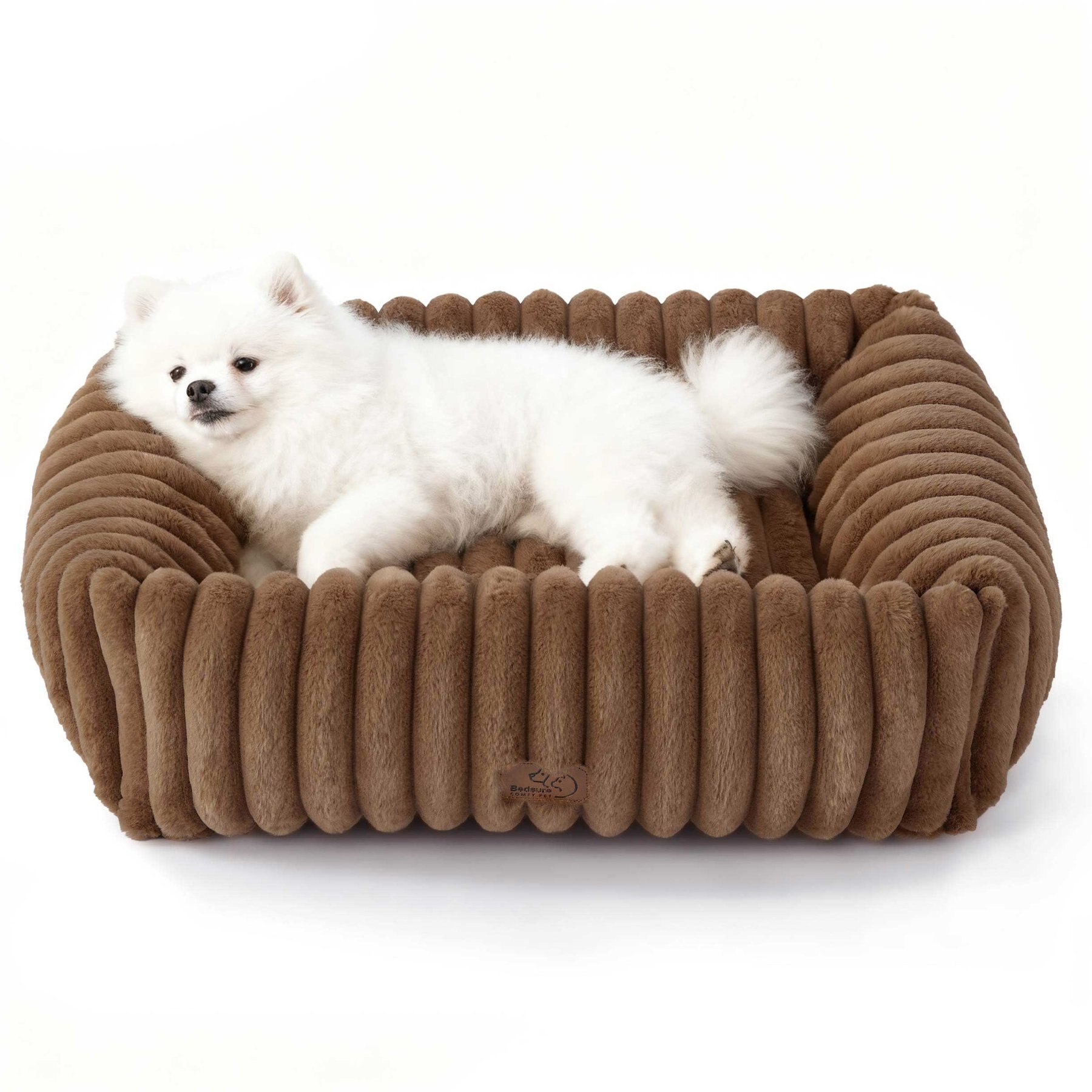 Bedsure ComfyFleece Orthopedic Bolster Dog Bed with Removable Cover, Copper Brown, Medium