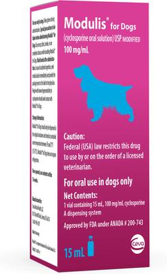 Show full view: Modulis for Dogs (cyclosporine oral solution) USP MODIFIED 100mg/mL 15mL slide 2 of 6