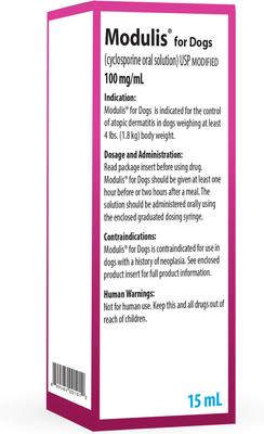 Show full view: Modulis for Dogs (cyclosporine oral solution) USP MODIFIED 100mg/mL 15mL slide 3 of 6
