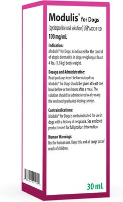Show full view: Modulis for Dogs (cyclosporine oral solution) USP MODIFIED 100mg/mL 30mL slide 3 of 6