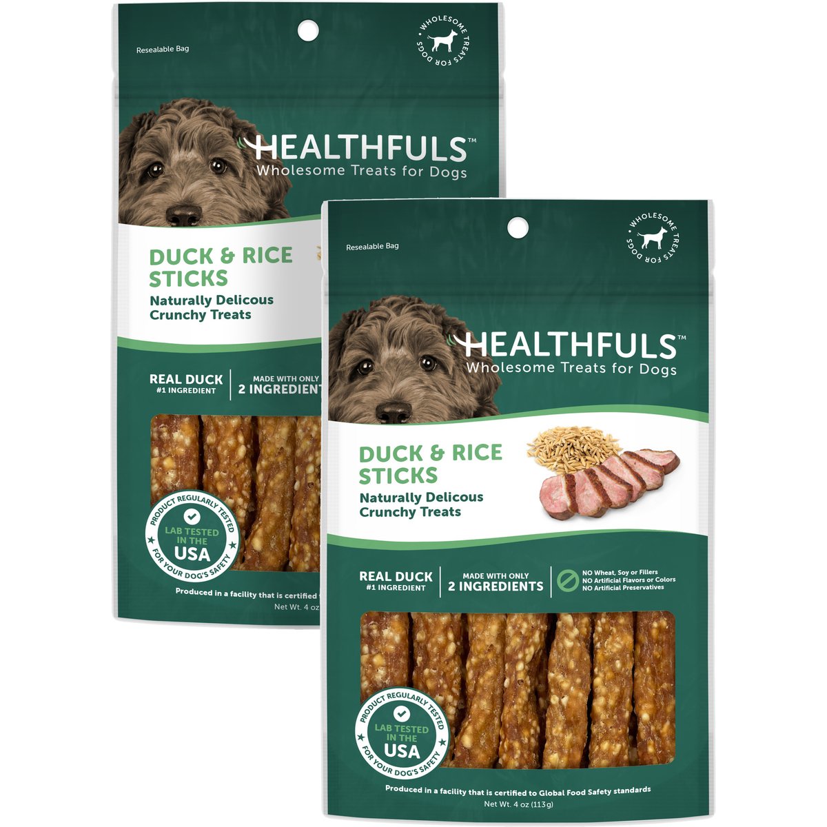 Healthfuls Duck & Rice Sticks Jerky Dog Treats, 4-oz bag, bundle of 2