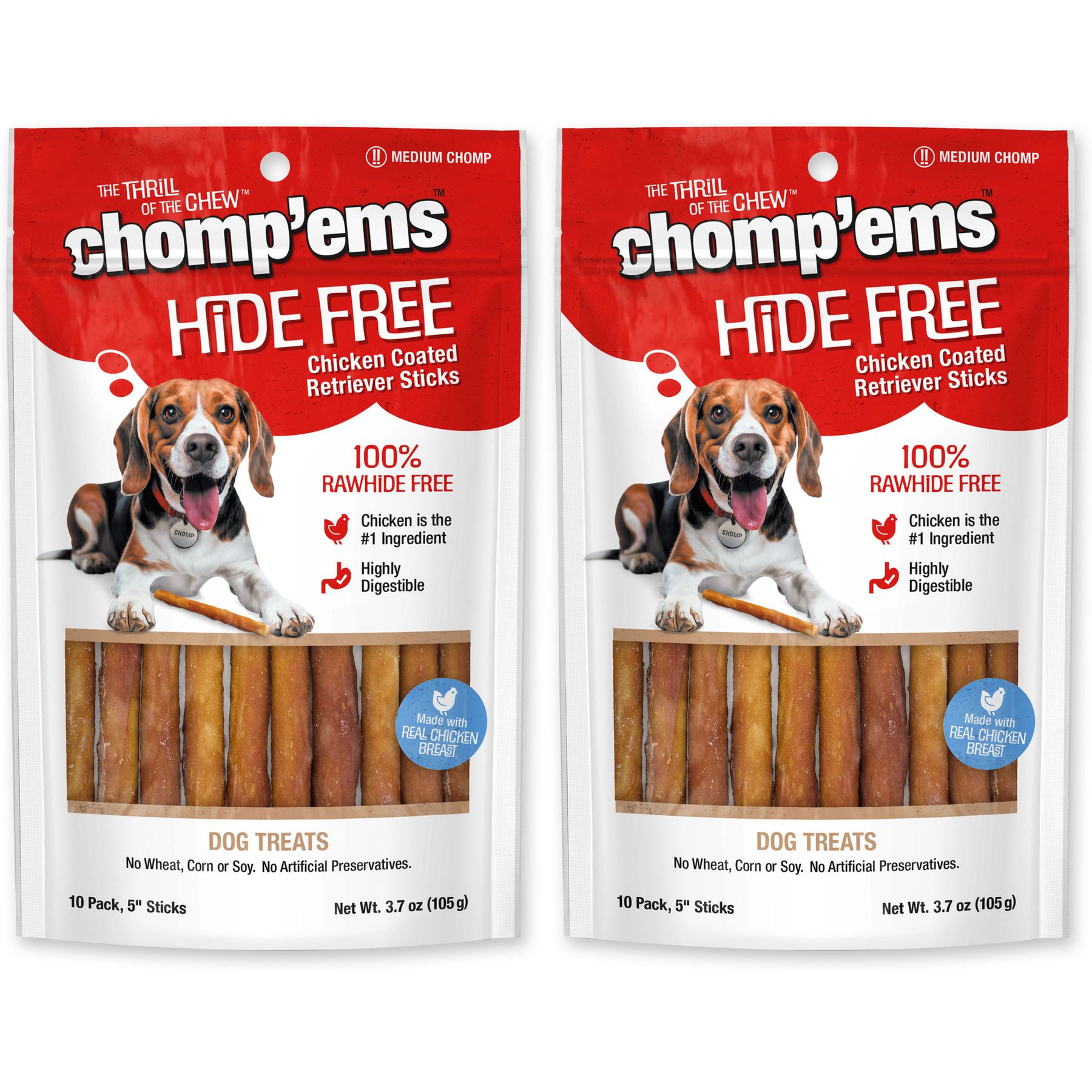 Chomp'ems Hide-Free Chicken Sticks Dog Treats, 20-count bundle