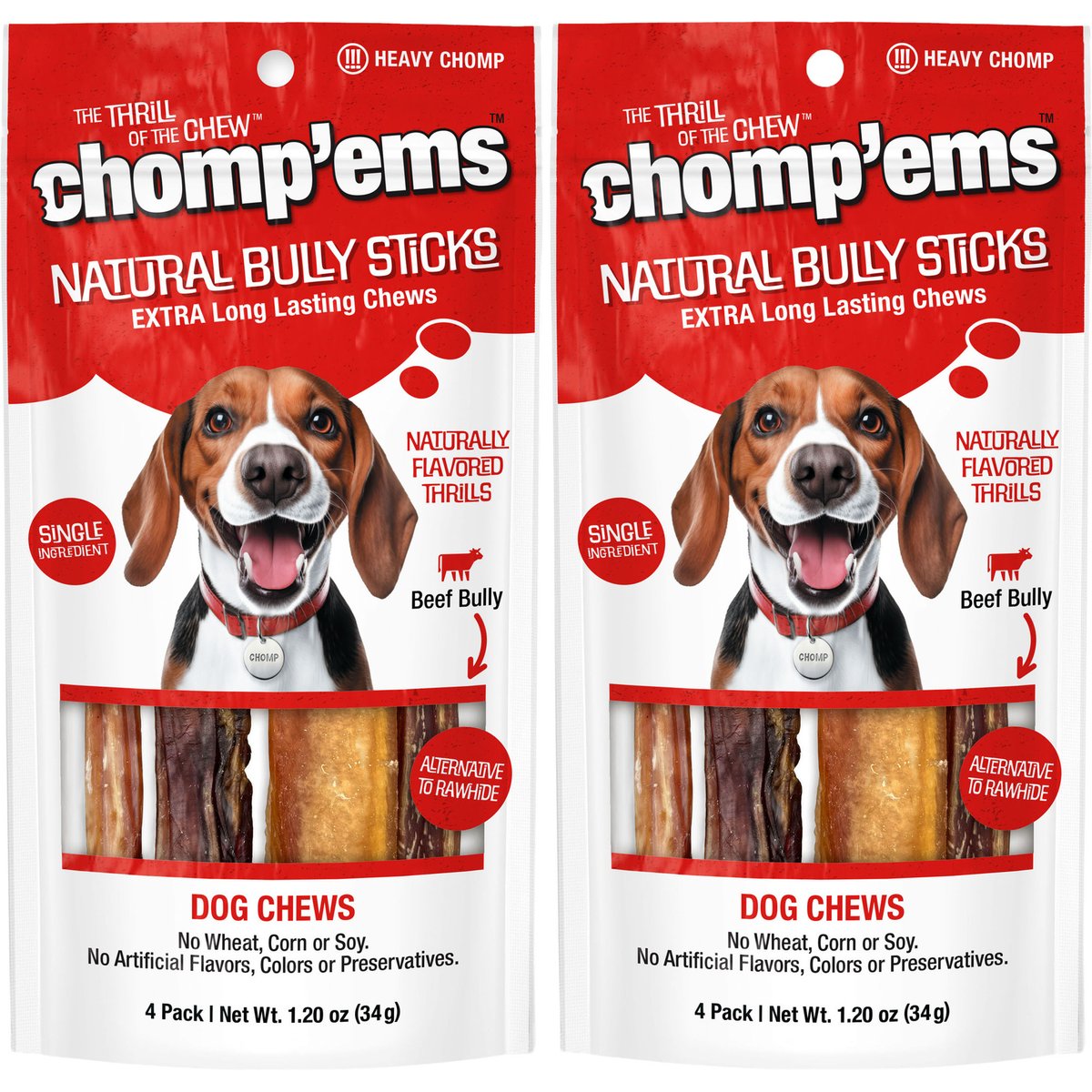 Chomp'ems 6" Bully Stick Dog Treats, 4 count, bundle of 2