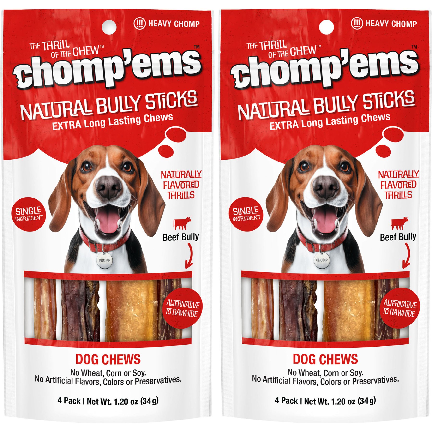 Chomp'ems 6" Bully Stick Dog Treats, 4 count, bundle of 2