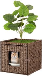 Unipaws Handwoven Rattan Cat Litter Box Enclosure with Artificial Plant, Brown