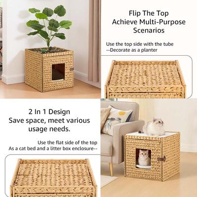 Show full view: Unipaws Handwoven Rattan Cat Litter Box Enclosure with Artificial Plant, Beige slide 5 of 7