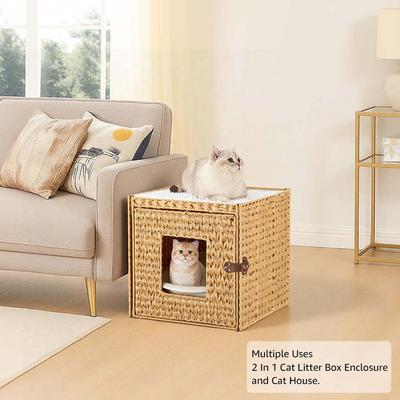 Show full view: Unipaws Handwoven Rattan Cat Litter Box Enclosure with Artificial Plant, Beige slide 3 of 7