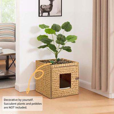 Show full view: Unipaws Handwoven Rattan Cat Litter Box Enclosure with Artificial Plant, Beige slide 2 of 7