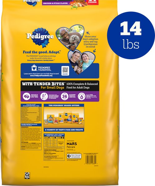 Show full view: Pedigree Tender Bites Complete Nutrition Chicken & Steak Flavor Small Breed Adult Dry Dog Food, 14-lb bag slide 3 of 11