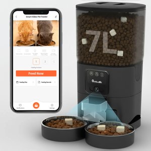 ONIZOOMI Smart Camera 2.4G Automatic Dual Bowl Cat & Dog Feeder, Black, 30-Cup