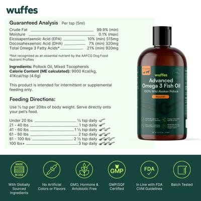 Show full view: Wuffes Advanced Omega 3 Fish Oil for Healthy Skin & Coat Supplement for Dogs, 8-fl oz bottle slide 9 of 10