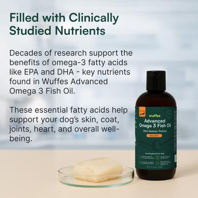 Show full view: Wuffes Advanced Omega 3 Fish Oil for Healthy Skin & Coat Supplement for Dogs, 8-fl oz bottle slide 6 of 10