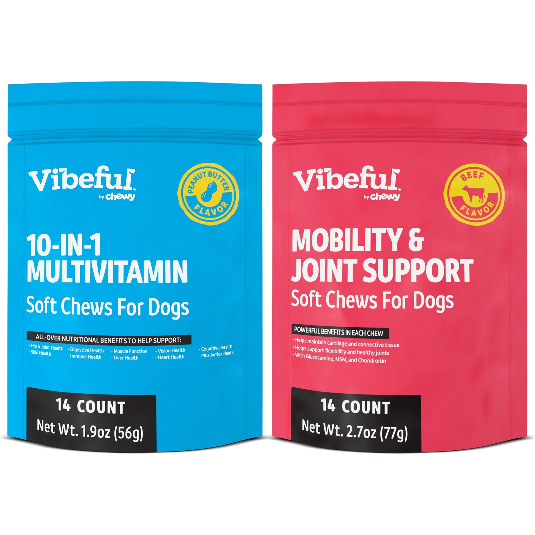 Vibeful Favorites Bundle – Mobility & Multivitamin Support Beef & Peanut Butter Dog Soft Chew Supplements, 28 count