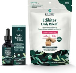 Pet Releaf Favorites - Edibites Daily ReleafBlueberry Cranberry & 100-mg Full Spectrum Hemp Small Dog Supplement, Chew & Liquid Bundle
