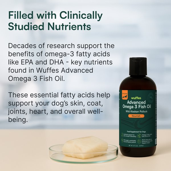 Show full view: Wuffes Advanced Omega 3 Fish Oil for Healthy Skin & Coat Supplement for Dogs, 16-fl oz bottle slide 5 of 9