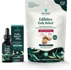 Pet Releaf Favorites - Edibites Daily ReleafBlueberry Cranberry & 500-mg Full Spectrum Hemp Medium & Large Dog Supplement, Chew & Liquid Bundle