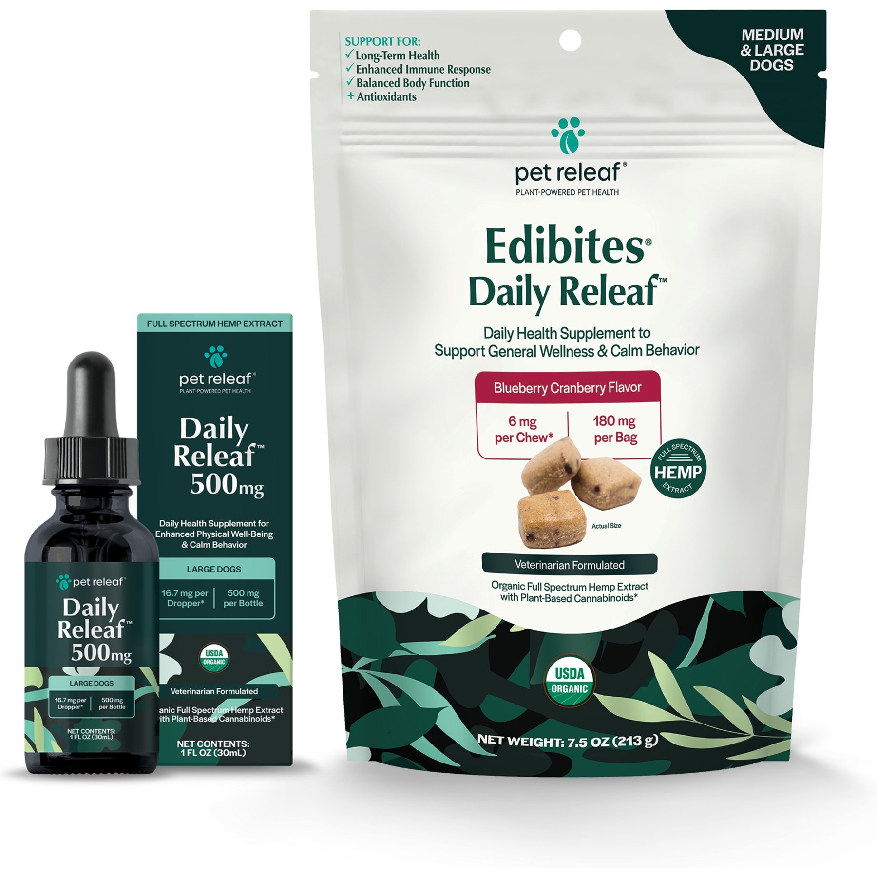 Pet Releaf Favorites - Edibites Daily ReleafBlueberry Cranberry & 500-mg Full Spectrum Hemp Medium & Large Dog Supplement, Chew & Liquid Bundle